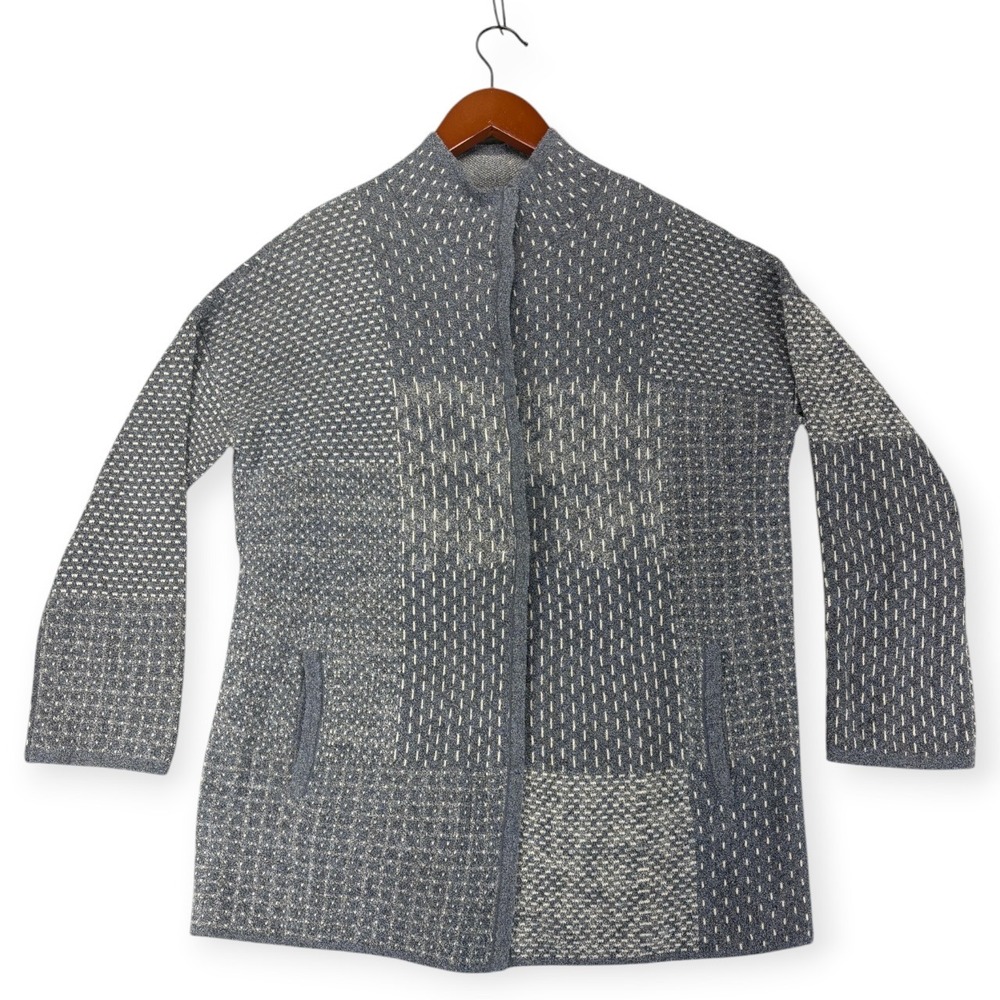 Pure Jill Cardigan Women XS Petite Blue White Patchwork Jacquard Knit Sweater
